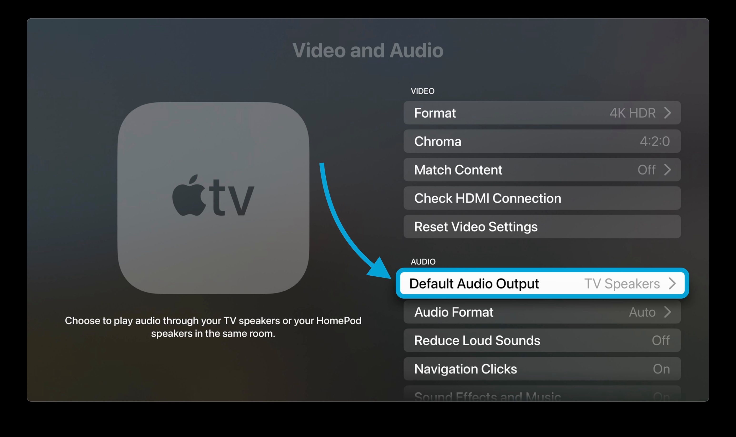 نحوه تنظیم HomePod به عنوان پیش فرض پیاده روی برای بلندگوهای Apple TV 2 - گزینه Default Audio Out را انتخاب کنید
