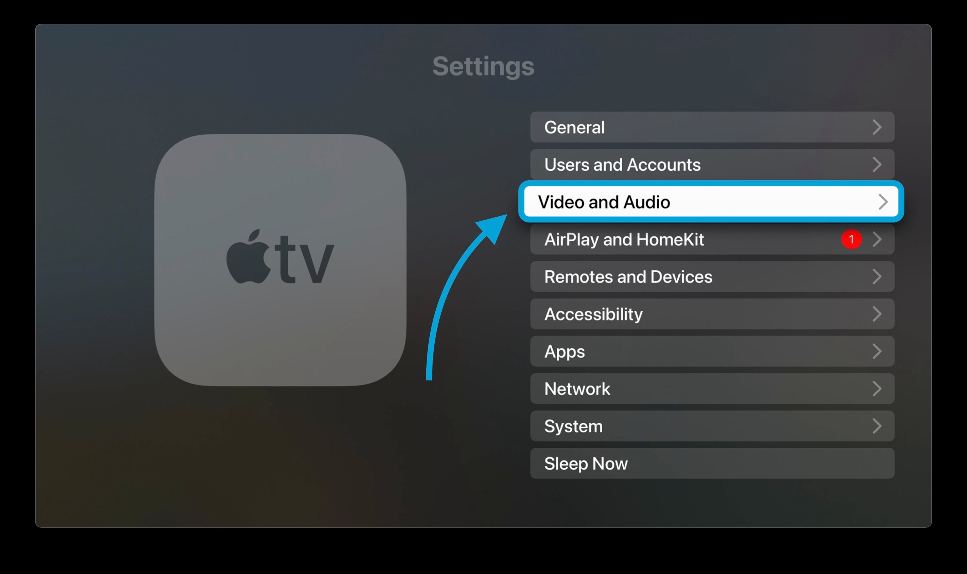 نحوه تنظیم HomePod به عنوان تنظیمات پیش فرض بلندگو در Apple TV 1 - در تنظیمات گزینه Video و Audio را انتخاب کنید